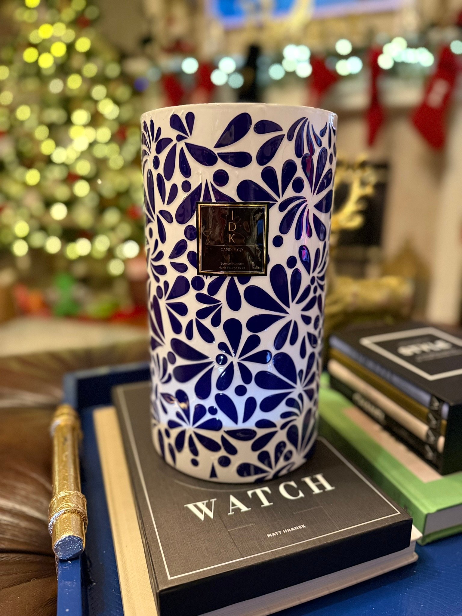 Azul de Puebla hand-poured soy candle in a blue and white Talavera-inspired glass vessel by IDKandle
